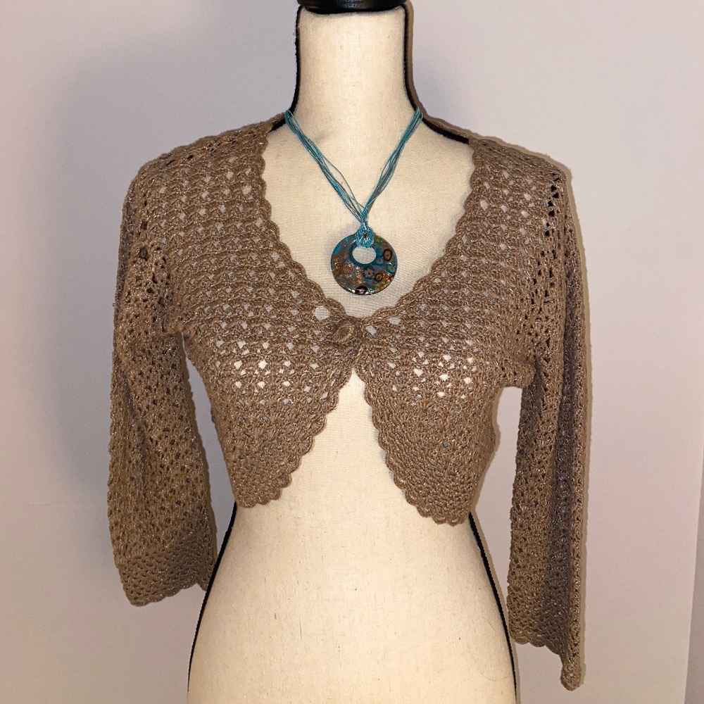 dressbarn Cropped Crotchet Brown Cardigan
